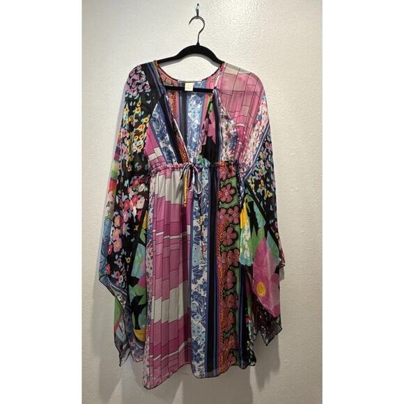 Nolita North Little Italy Women’s Silk Mixed Print Dress Artsy Colorful V Neck - Picture 1 of 16